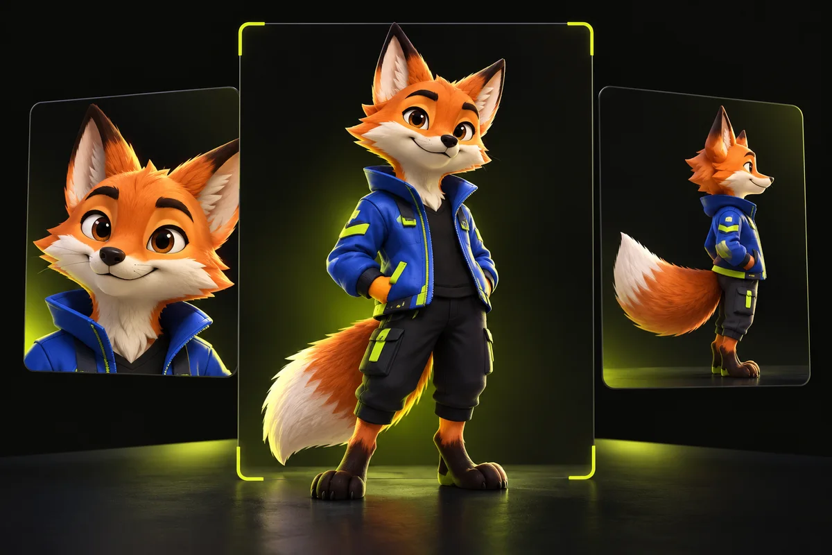 Concept illustration ng full-body at close-up reference cards para sa isang orihinal na fox mascot na may asul na jacket